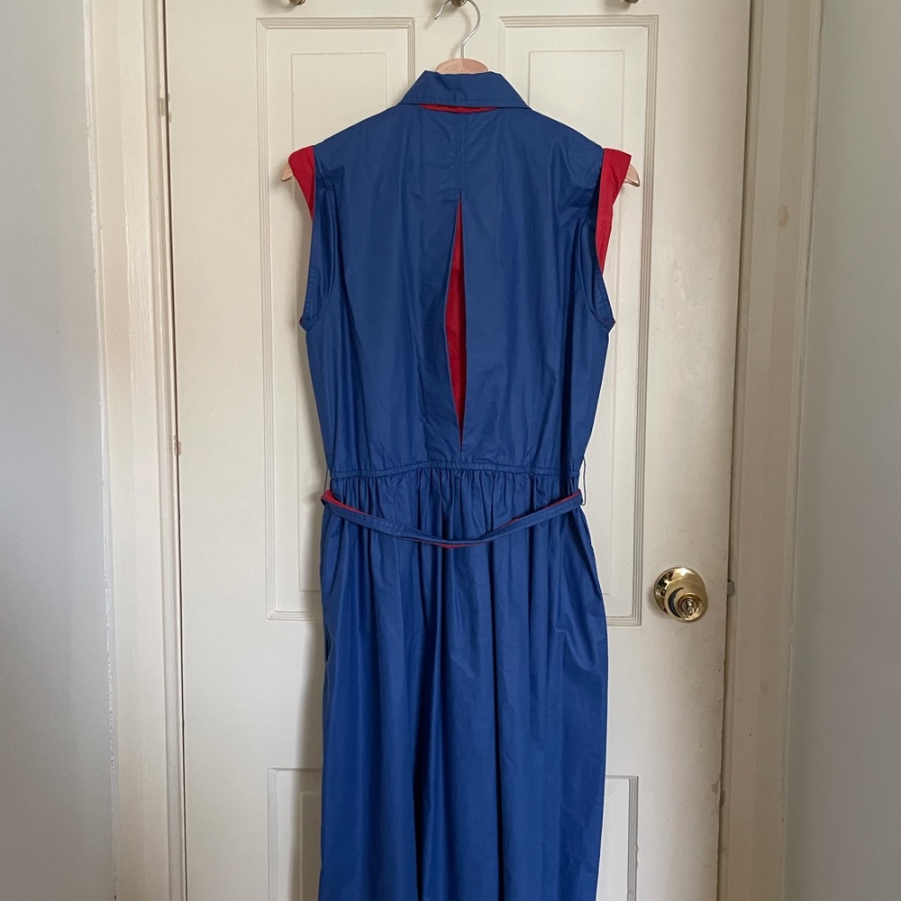 Vintage 1970-80s Blue and Red Sleeveless Button-Up Dress with contrasting detail - Picture 5 of 7